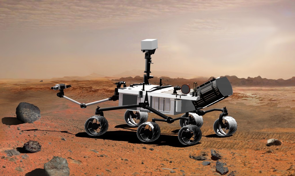 An artist's concept illustrates what the Mars rover Curiosity will look like on the Red Planet. 